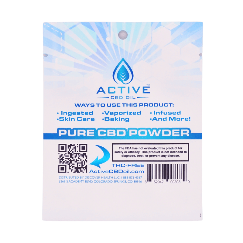 Pure CBD powder blue and white packaging with ways to use this product