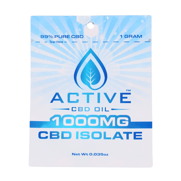 Pure CBD Isolate with blue and white packaging