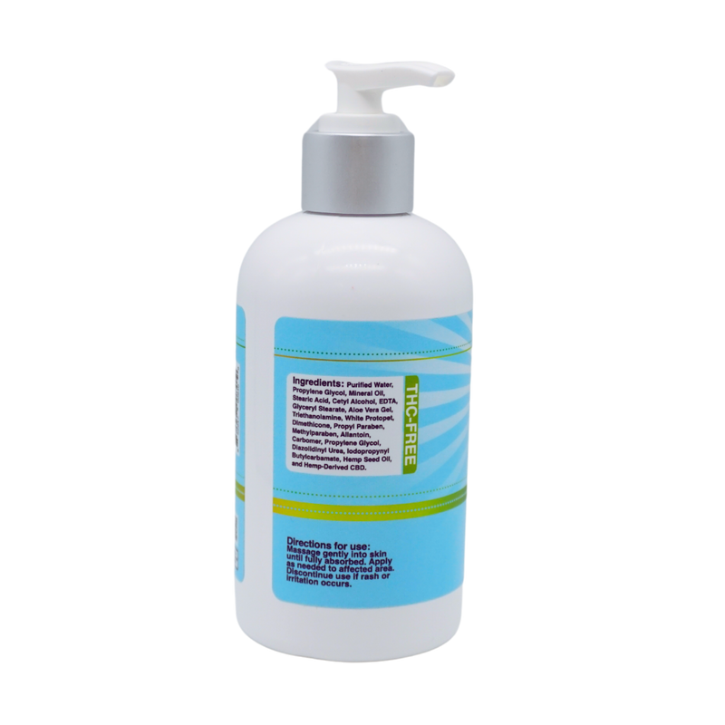 CBD lotion with blue label that has ingredients and directions for use
