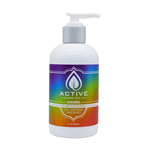 Full Spectrum CBD lotion with a silver pump and colorful label