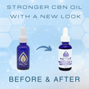 Comparison of old blue and gold CBN tincture packaging to new Purple and White CBN Tincture packaging