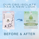 Comparison of old white CBG isolate packaging to new green CBG isolate bag packaging