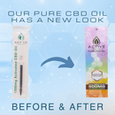 Before and after image of Active Pure CBD Oil showcasing new packaging design.