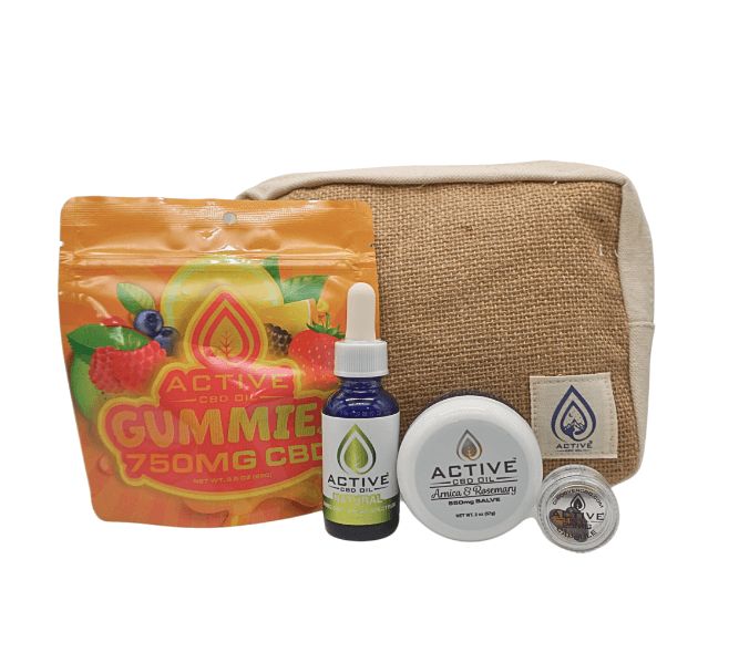 full cbd starter kit showing four products with a hemp bag behind it