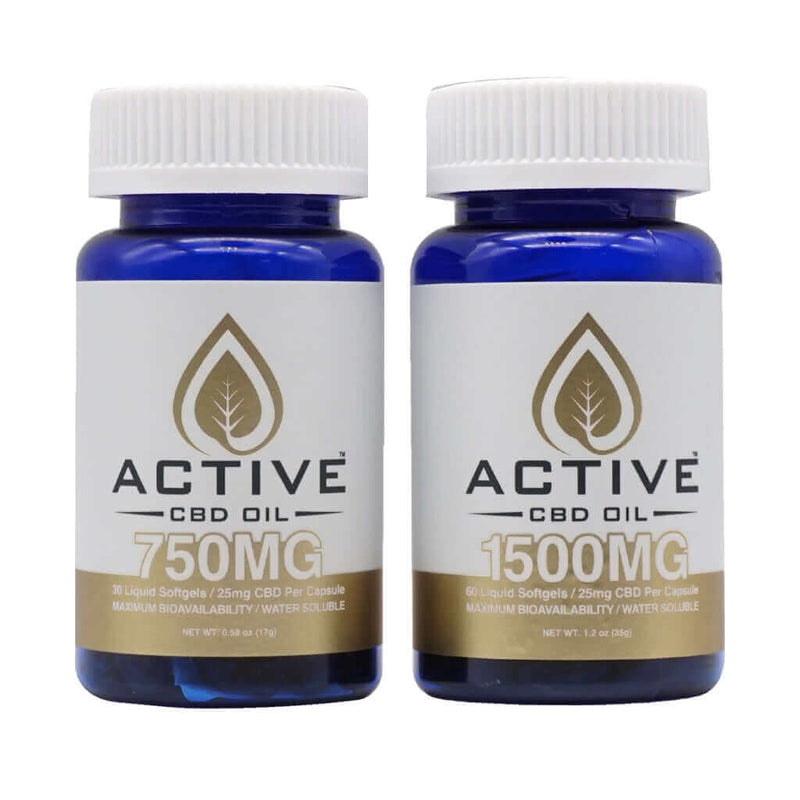Two blue bottles of CBD capsules with water soluble CBD