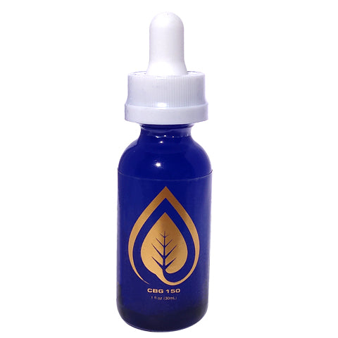 Front view of purple CBG tincture bottle with white topper and gold leaf logo. 1ml bottle with 150 mg of CBG written on the bottle. 